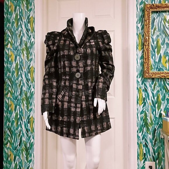 Samuel Dong Black & Mauve Plaid Coat S With Puff Sleeves  Button Front - Picture 8 of 11